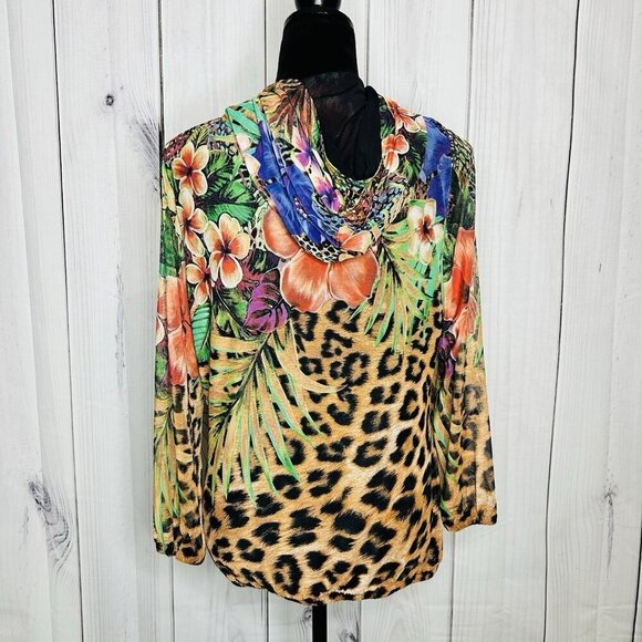 Simon Chang Floral Animal Print Over Mesh Hooded Jacket Size S Full Zip - Picture 8 of 10